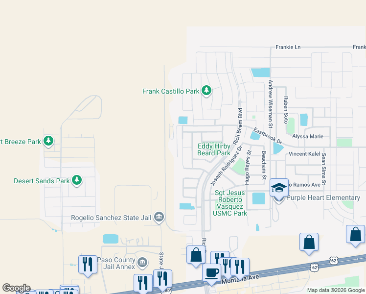 map of restaurants, bars, coffee shops, grocery stores, and more near Kiko A Fierro Drive in El Paso