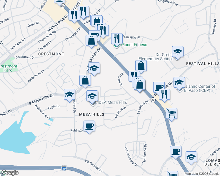 map of restaurants, bars, coffee shops, grocery stores, and more near 5521 Carousel Drive in El Paso