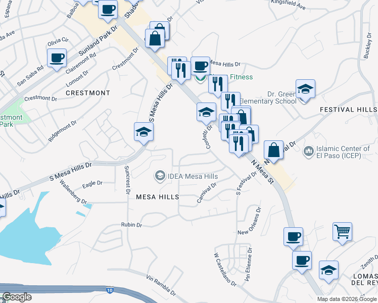 map of restaurants, bars, coffee shops, grocery stores, and more near 5527 Carousel Drive in El Paso