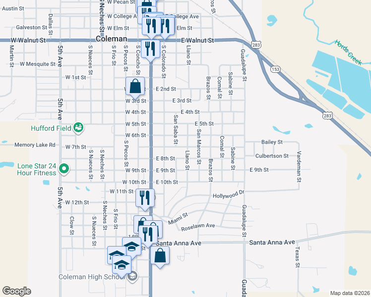 map of restaurants, bars, coffee shops, grocery stores, and more near 316 East 7th Street in Coleman
