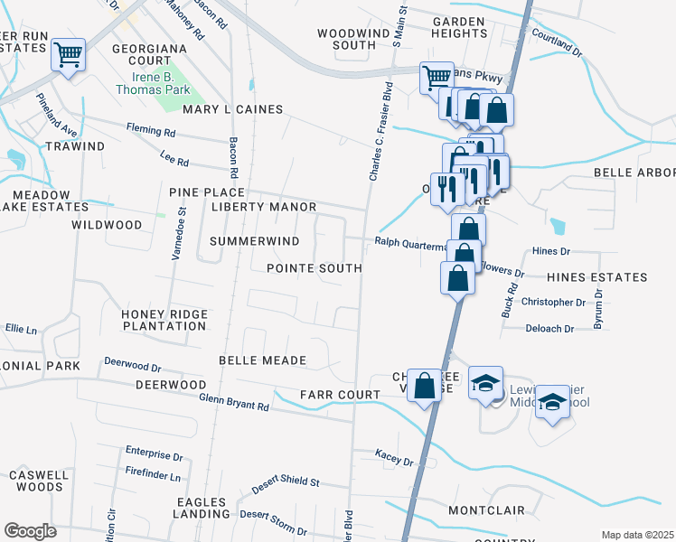 map of restaurants, bars, coffee shops, grocery stores, and more near 234 Pointe South Drive in Hinesville