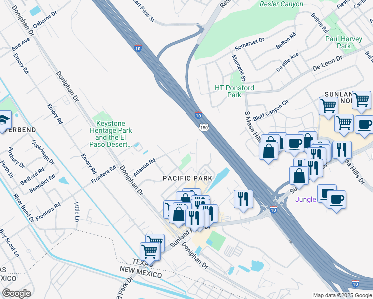 map of restaurants, bars, coffee shops, grocery stores, and more near 280 Atlantic Road in El Paso
