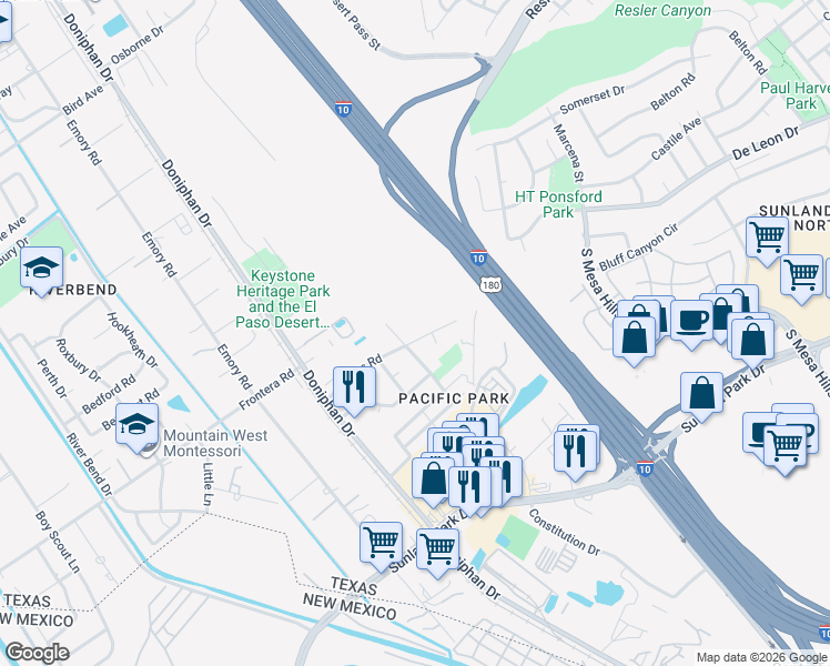 map of restaurants, bars, coffee shops, grocery stores, and more near 229 Atlantic Road in El Paso