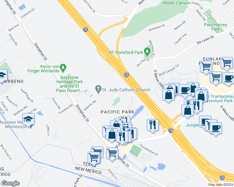 map of restaurants, bars, coffee shops, grocery stores, and more near 280 Atlantic Road in El Paso