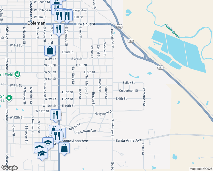 map of restaurants, bars, coffee shops, grocery stores, and more near 805 East 7th Street in Coleman