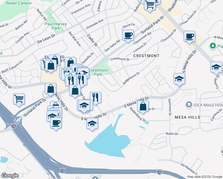 map of restaurants, bars, coffee shops, grocery stores, and more near 541 Ridgemont Drive in El Paso