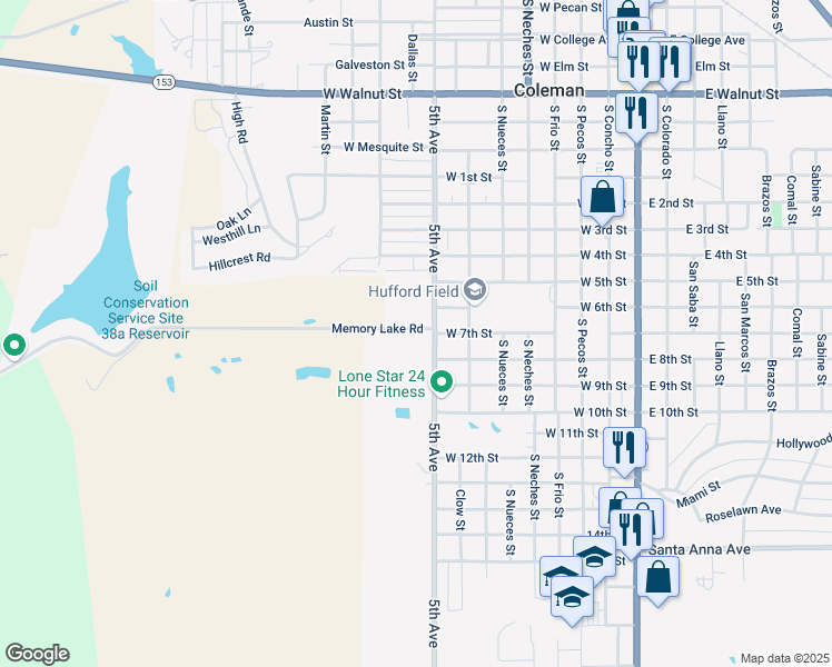 map of restaurants, bars, coffee shops, grocery stores, and more near 201 Memory Lake Road in Coleman