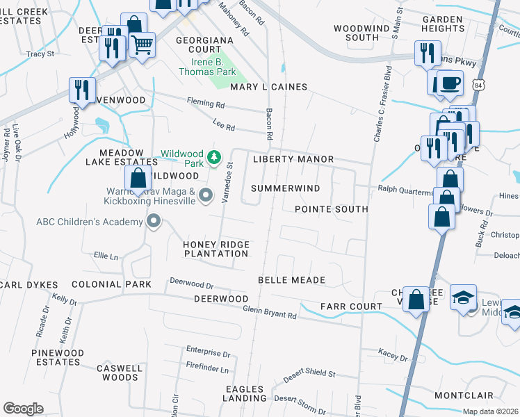map of restaurants, bars, coffee shops, grocery stores, and more near 1026 Bacon Road in Hinesville