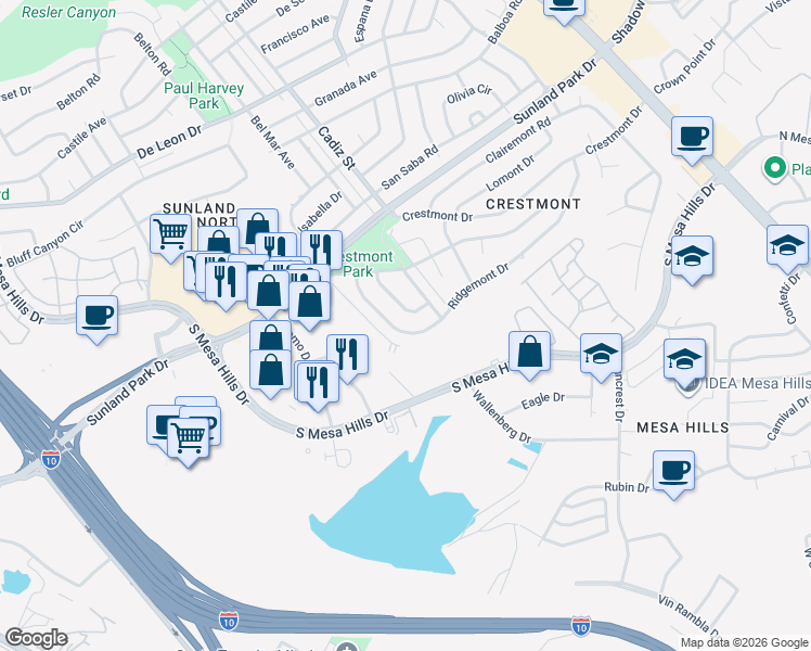 map of restaurants, bars, coffee shops, grocery stores, and more near 541 Ridgemont Drive in El Paso