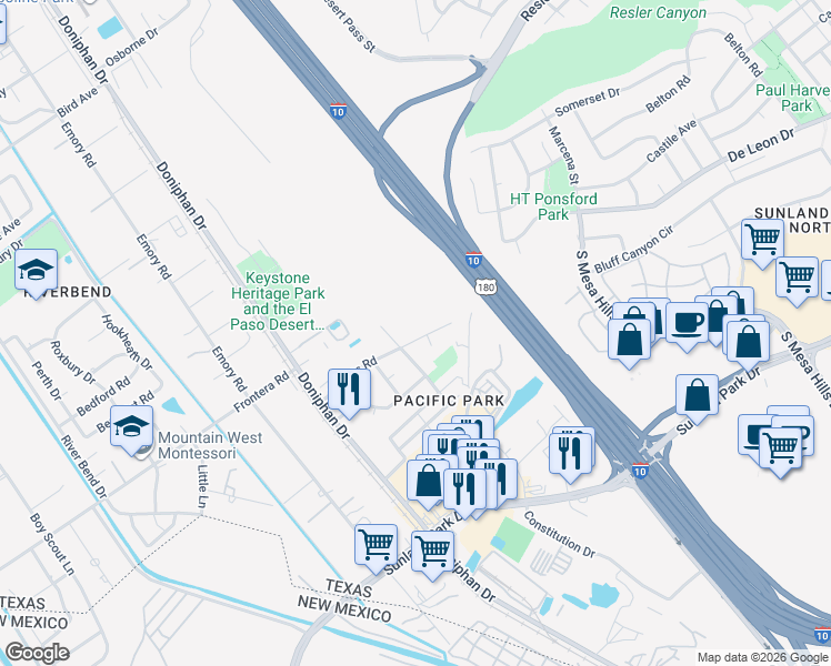 map of restaurants, bars, coffee shops, grocery stores, and more near 229 Atlantic Road in El Paso