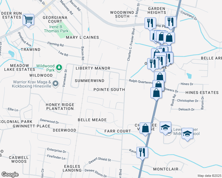 map of restaurants, bars, coffee shops, grocery stores, and more near 222 Point South Drive in Hinesville