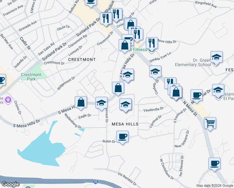 map of restaurants, bars, coffee shops, grocery stores, and more near 499 Cabaret Drive in El Paso