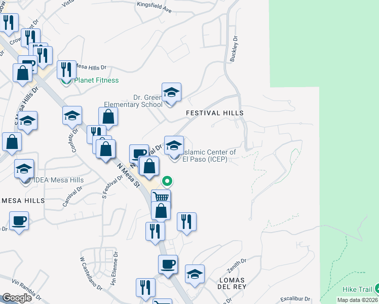 map of restaurants, bars, coffee shops, grocery stores, and more near 200 North Festival Drive in El Paso