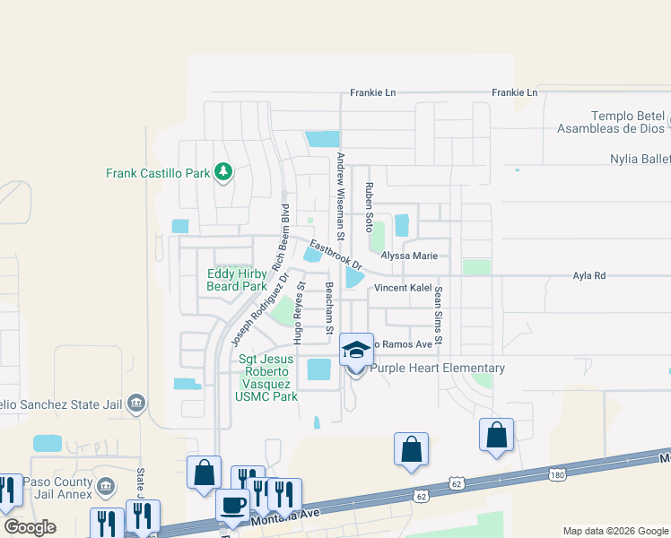 map of restaurants, bars, coffee shops, grocery stores, and more near 4760 Beacham Street in El Paso