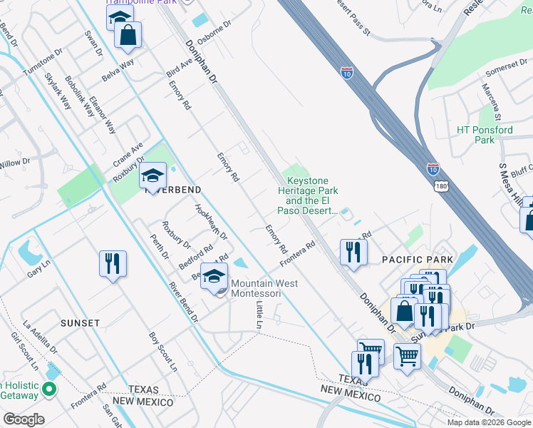 map of restaurants, bars, coffee shops, grocery stores, and more near 4154 Emory Road in El Paso
