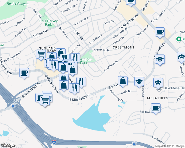 map of restaurants, bars, coffee shops, grocery stores, and more near 541 Ridgemont Drive in El Paso