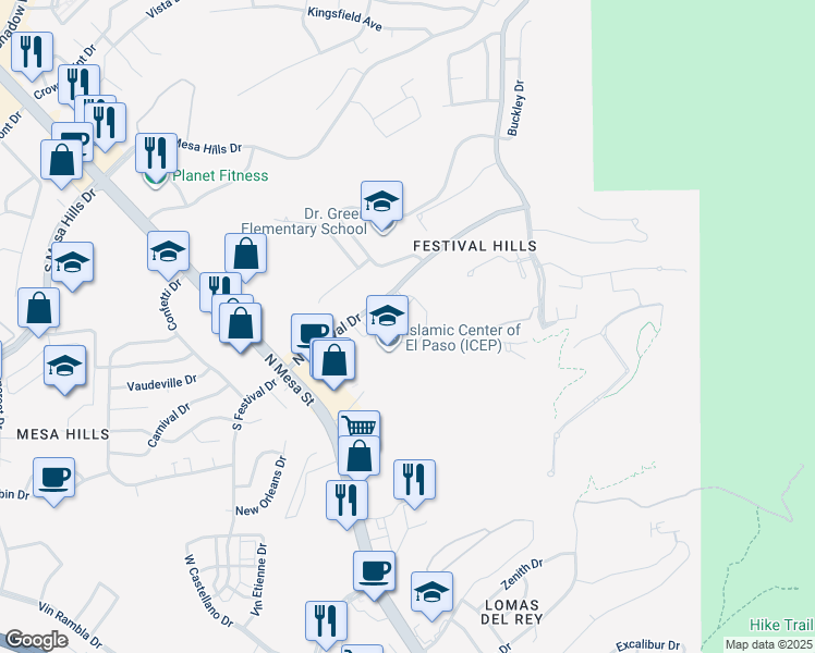 map of restaurants, bars, coffee shops, grocery stores, and more near 200 North Festival Drive in El Paso