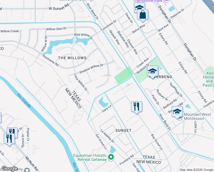 map of restaurants, bars, coffee shops, grocery stores, and more near 324 Wild Willow Drive in El Paso