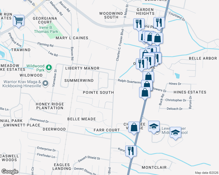 map of restaurants, bars, coffee shops, grocery stores, and more near 234 Pointe South Drive in Hinesville