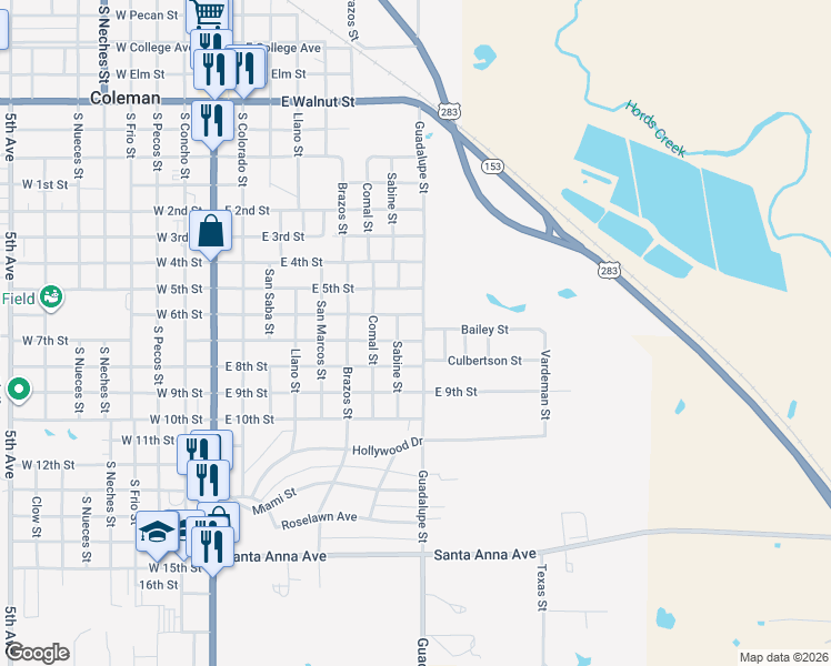 map of restaurants, bars, coffee shops, grocery stores, and more near 805 East 7th Street in Coleman
