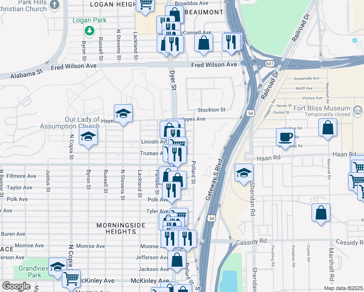 map of restaurants, bars, coffee shops, grocery stores, and more near 4014 Lincoln Avenue in El Paso