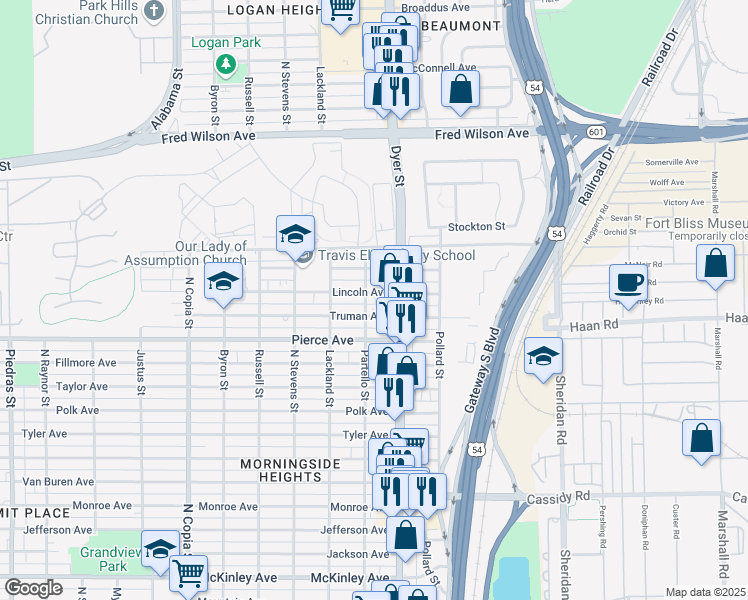 map of restaurants, bars, coffee shops, grocery stores, and more near 3901 Truman Avenue in El Paso