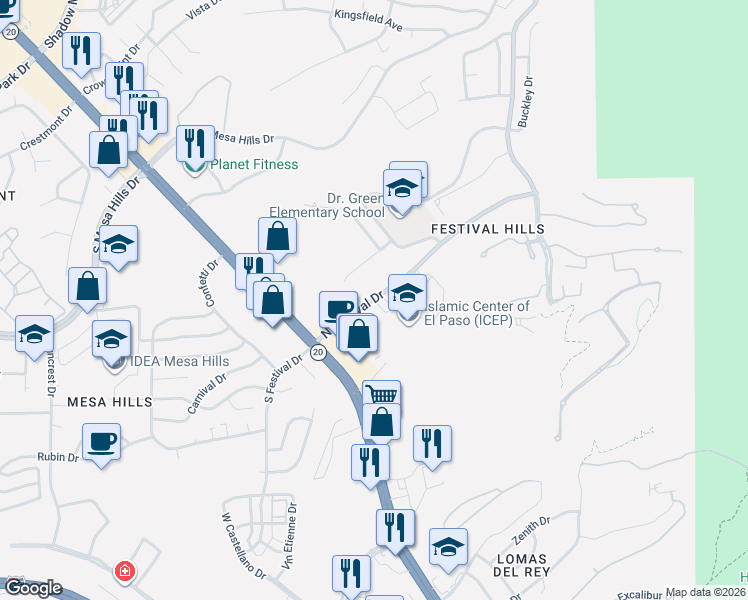 map of restaurants, bars, coffee shops, grocery stores, and more near 120 North Festival Drive in El Paso