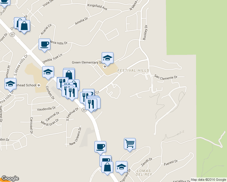 map of restaurants, bars, coffee shops, grocery stores, and more near 200 North Festival Drive in El Paso