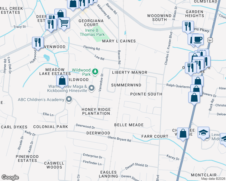 map of restaurants, bars, coffee shops, grocery stores, and more near 1026 Bacon Road in Hinesville