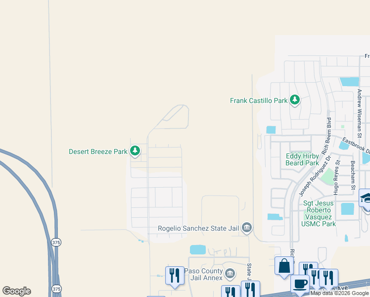 map of restaurants, bars, coffee shops, grocery stores, and more near Justice in El Paso