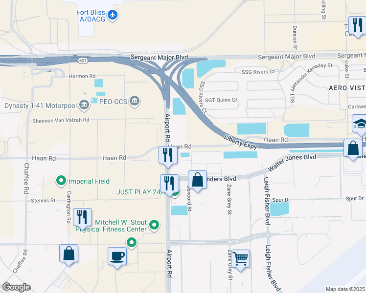 map of restaurants, bars, coffee shops, grocery stores, and more near Haan Road in El Paso