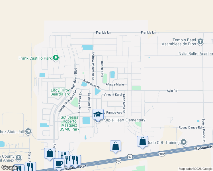 map of restaurants, bars, coffee shops, grocery stores, and more near 14421 Eastbrook in El Paso