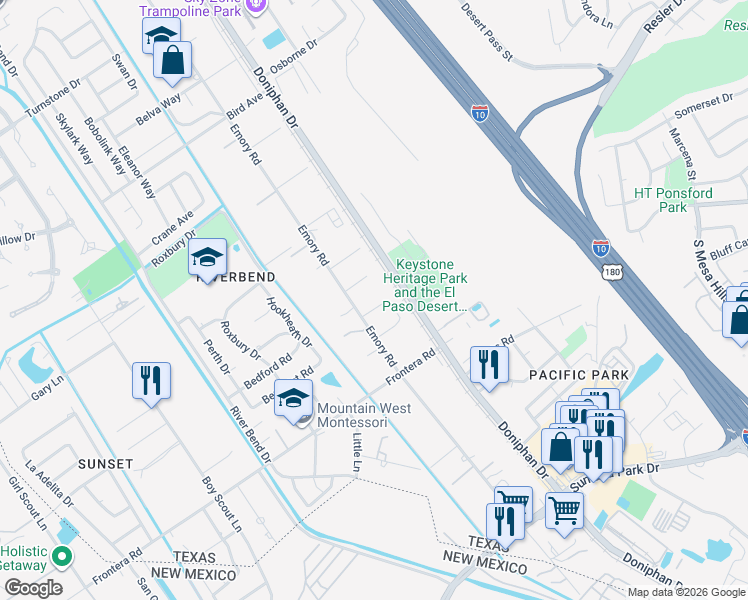 map of restaurants, bars, coffee shops, grocery stores, and more near 4154 Emory Road in El Paso
