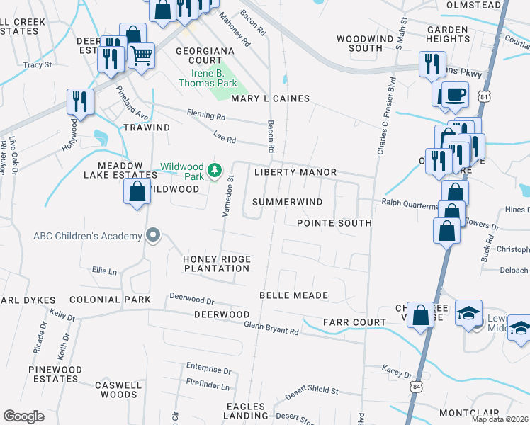 map of restaurants, bars, coffee shops, grocery stores, and more near 1026 Bacon Road in Hinesville