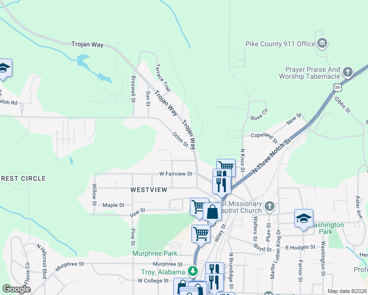map of restaurants, bars, coffee shops, grocery stores, and more near 320 Orion Street in Troy