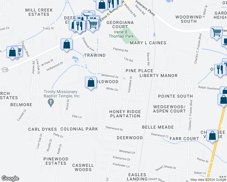 map of restaurants, bars, coffee shops, grocery stores, and more near 1013 White Circle in Hinesville