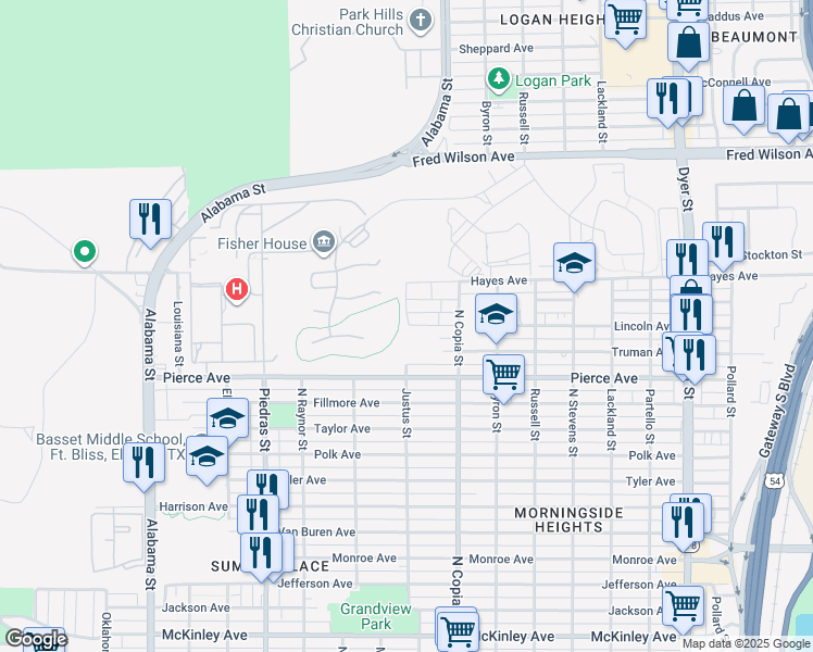 map of restaurants, bars, coffee shops, grocery stores, and more near Darnall Street in El Paso