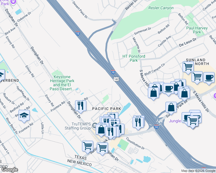 map of restaurants, bars, coffee shops, grocery stores, and more near 280 Atlantic Road in El Paso