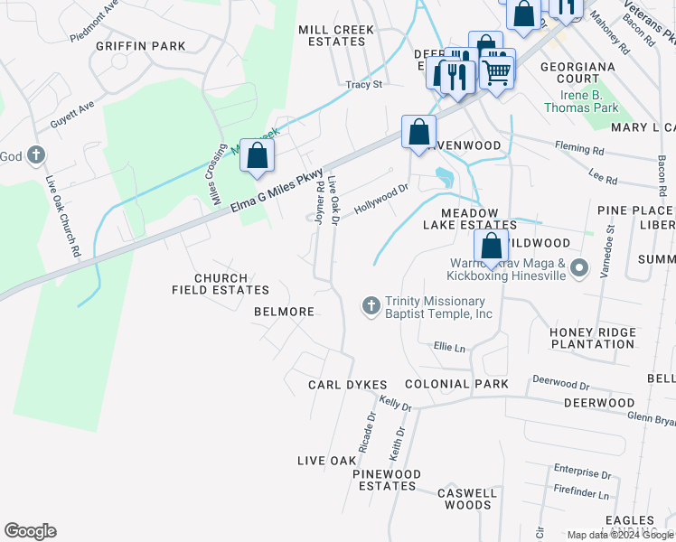 map of restaurants, bars, coffee shops, grocery stores, and more near 1000 Live Oak Drive in Hinesville