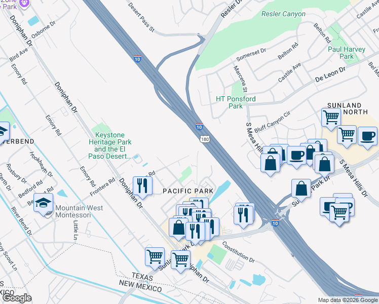 map of restaurants, bars, coffee shops, grocery stores, and more near 280 Atlantic Road in El Paso