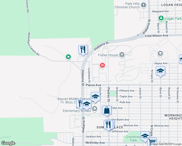 map of restaurants, bars, coffee shops, grocery stores, and more near 4812 Holmes Ginn Circle in El Paso