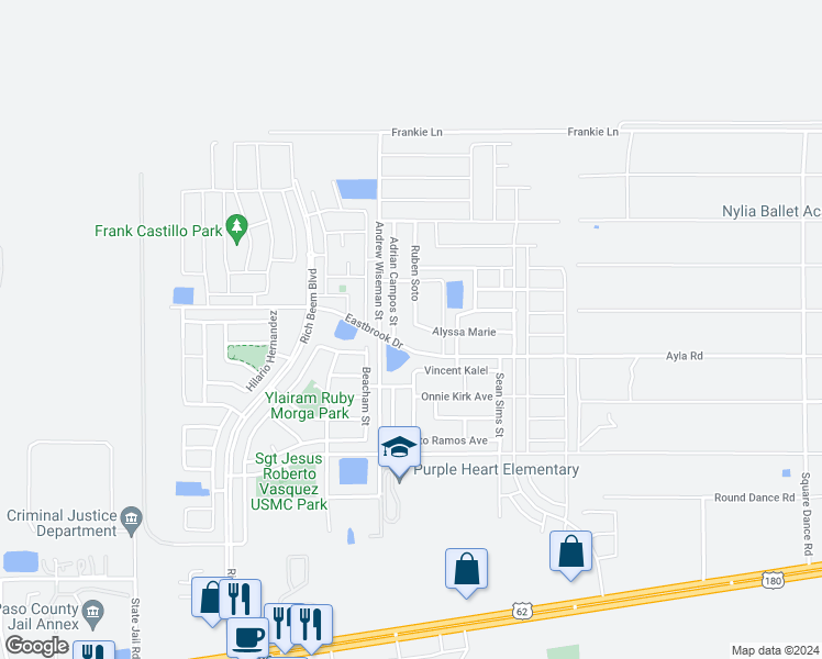 map of restaurants, bars, coffee shops, grocery stores, and more near 14421 Eastbrook in El Paso