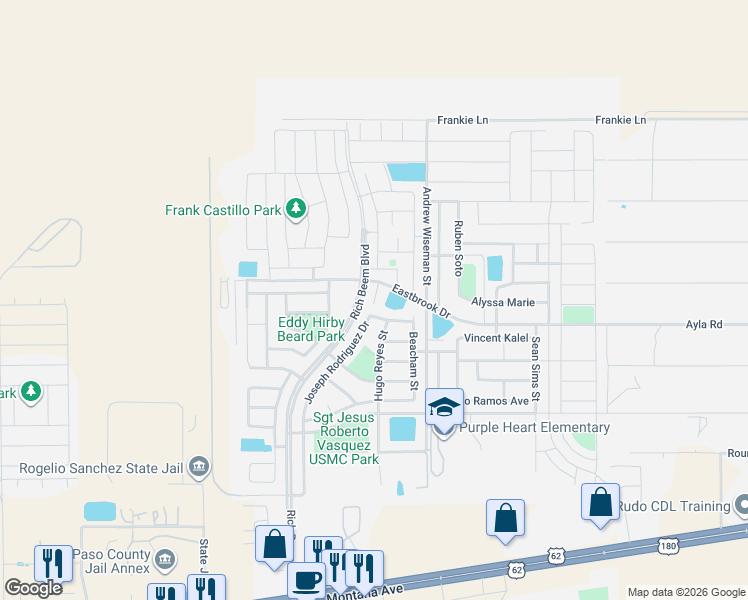 map of restaurants, bars, coffee shops, grocery stores, and more near 13001 Stonington Lane in El Paso