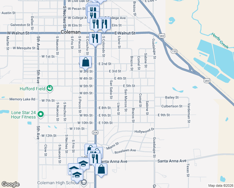 map of restaurants, bars, coffee shops, grocery stores, and more near 316 East 7th Street in Coleman