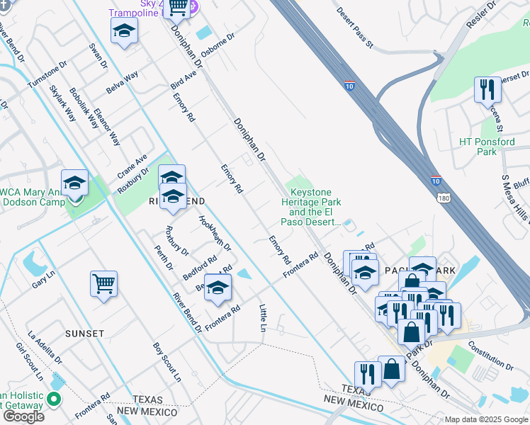 map of restaurants, bars, coffee shops, grocery stores, and more near 4198 Emory Road in El Paso