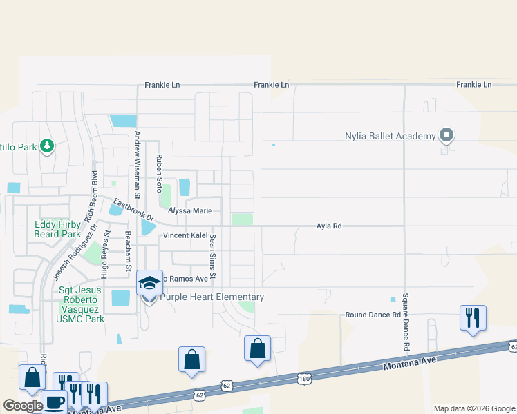 map of restaurants, bars, coffee shops, grocery stores, and more near 13101 Ayla Road in El Paso