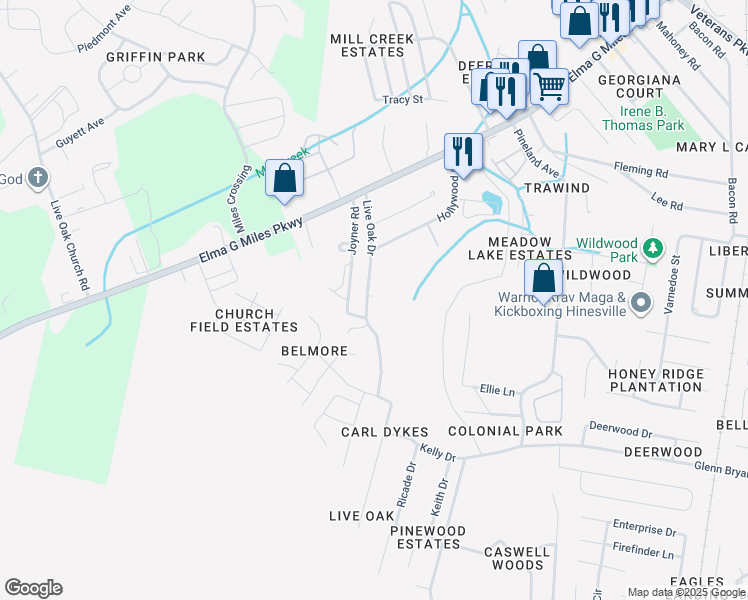 map of restaurants, bars, coffee shops, grocery stores, and more near 984 Live Oak Drive in Hinesville