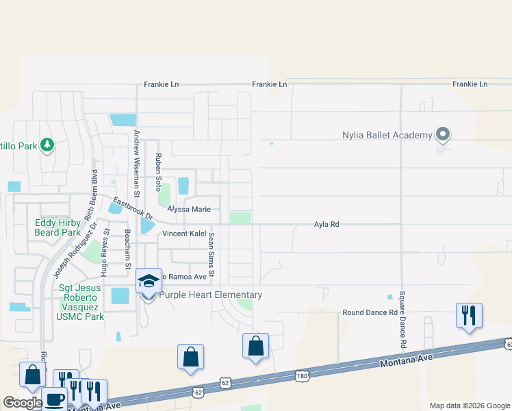 map of restaurants, bars, coffee shops, grocery stores, and more near 13101 Ayla Road in El Paso
