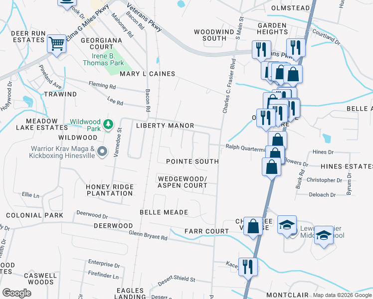 map of restaurants, bars, coffee shops, grocery stores, and more near 222 Point South Drive in Hinesville