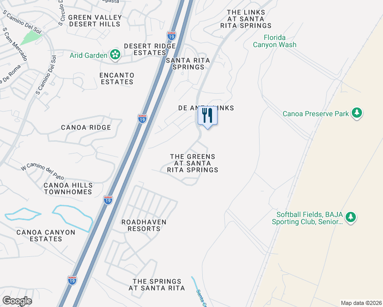 map of restaurants, bars, coffee shops, grocery stores, and more near 3402 South Waterfall Drive in Green Valley